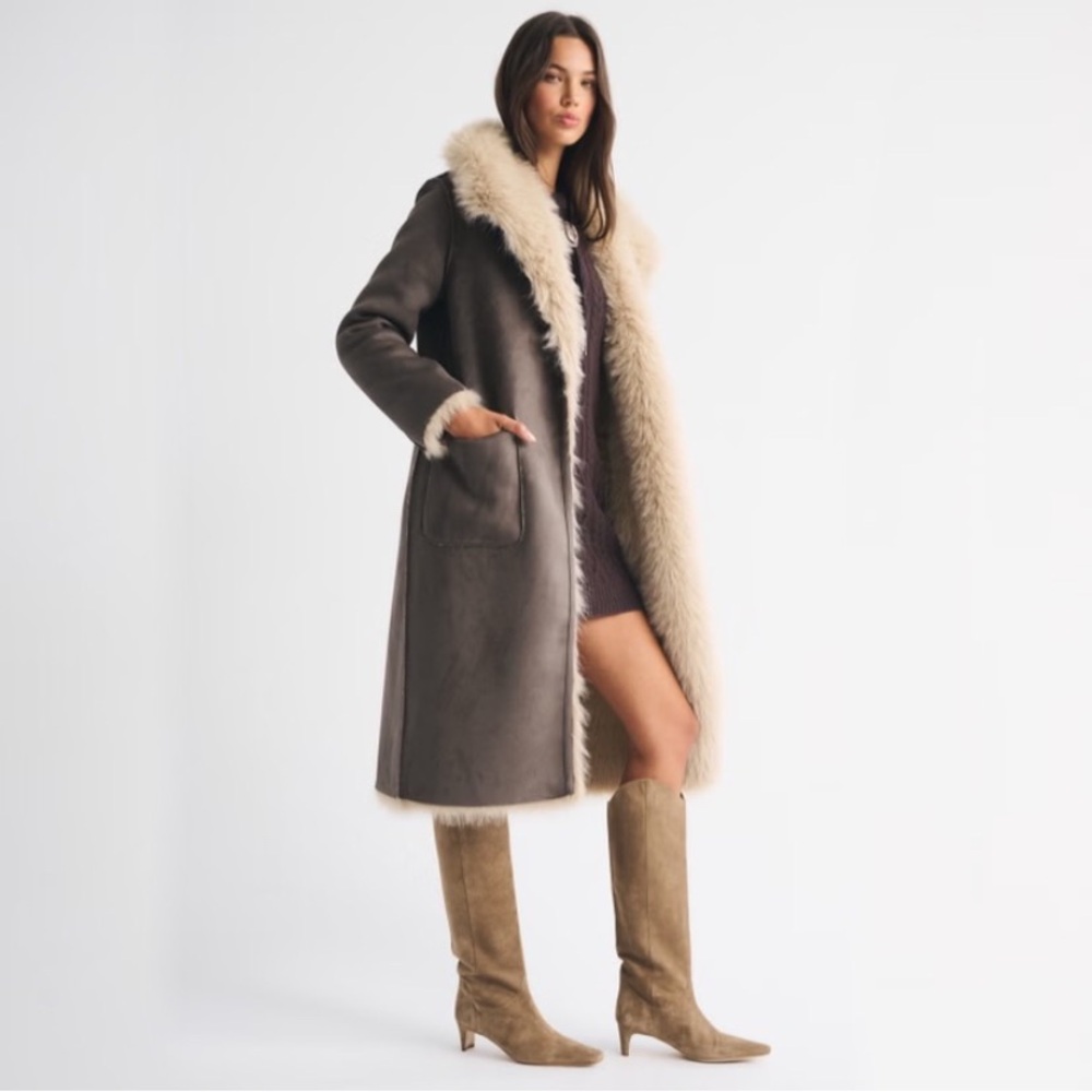 reversible vegan suede shearling long coat - Picture 2 of 13